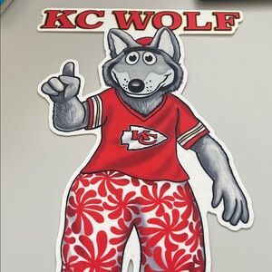 Officially licensed Kansas City Chiefs KC Wolf mascot pennant.